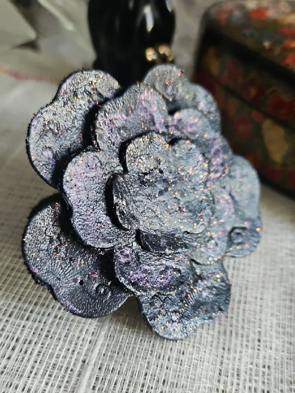 Handcrafted Black Genuine Leather Tooled & Painted Pet Collar Floral Accent NEW